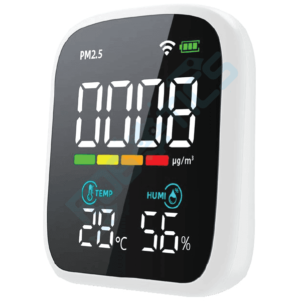 SENSOR DE CALIDAD DE AIRE POLVO TEMPERATURA Y HUMEDAD WIFI TUYA PV28-BW