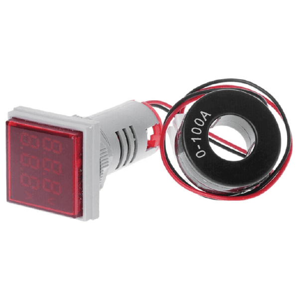 VOLTIMETRO AMPERIMETRO DIGITAL AC CUADRADO + TAPA + TRANSFORMADOR 22mm 50-500VAC 0-100A ROJO